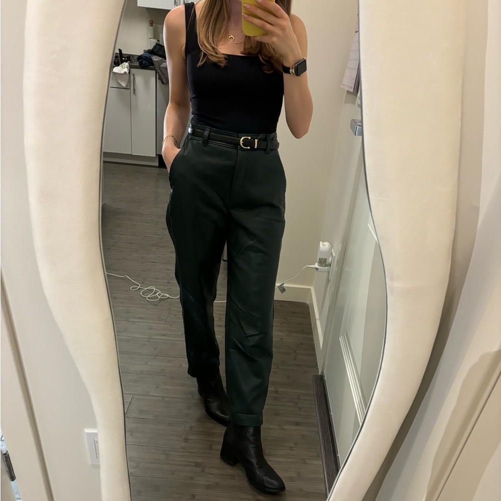 Aritzia babaton vegan leather pants size 4 dark green straight leg mid rise